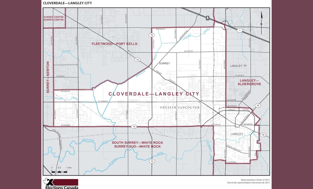 A map of the Cloverdale-Langley City riding