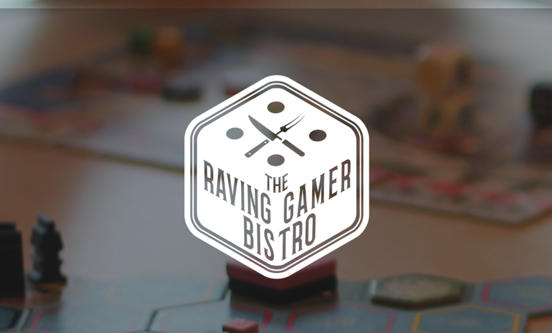 A photo with the logo for The Raving Gamer Bistro, with a tabletop board game in the background