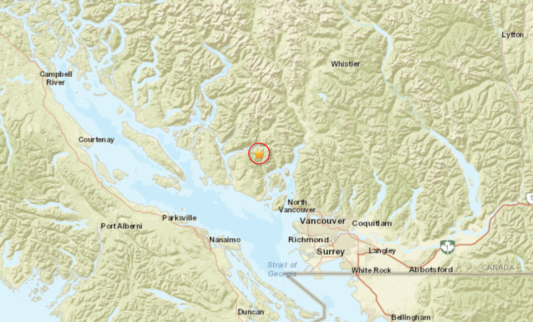 A map of the Lower Mainland that identifies the epicenter of the earthquake as a location on the Sunshine Coast